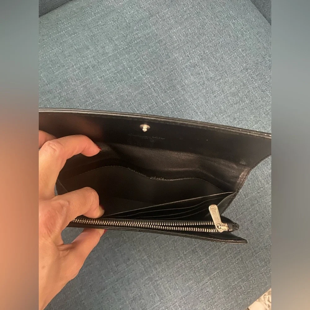 Authentic Dior Black Patent Leather Wallet Clutch with Fold-Over Design Silver